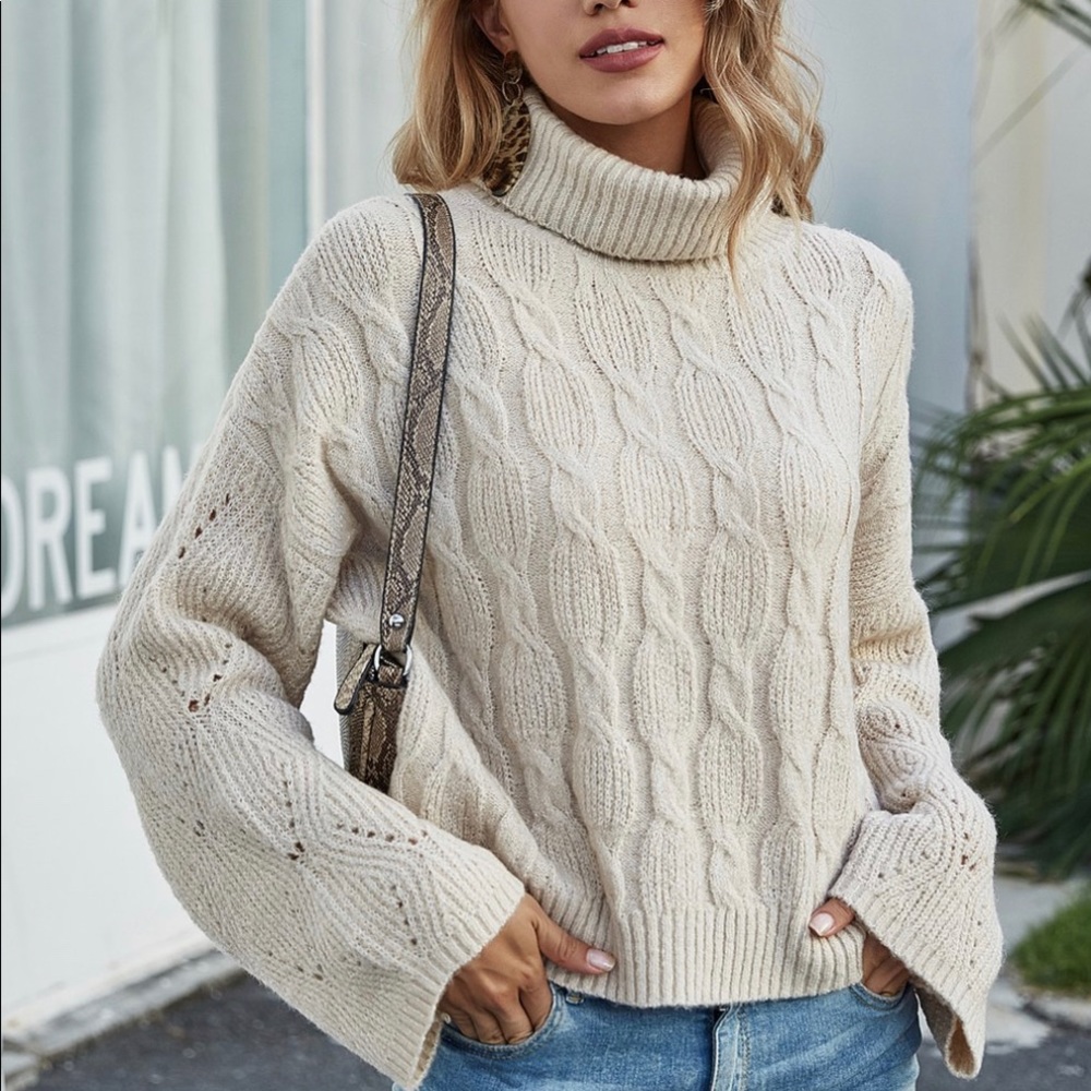 Off-White Cable-Knit Bell-Sleeve Turtleneck - Picture 1 of 5